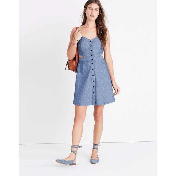 Madewell | G3192 Women's Blue Button Front Chambray Cut Out Cami Dress Size 14 - Picture 1 of 11